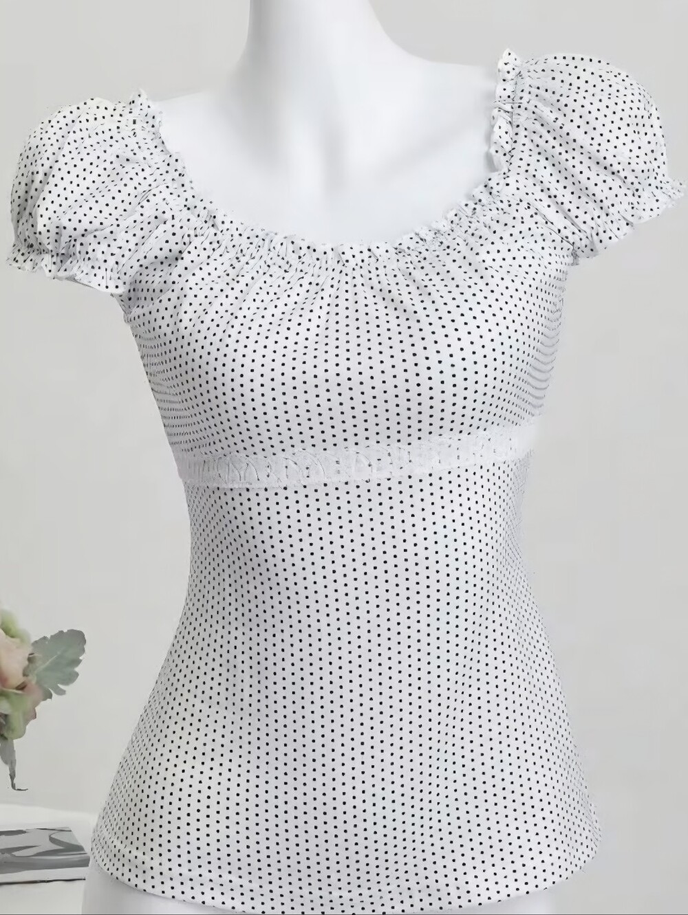 Vintage Inspired Fitted Polka Dot Ruffle Square Scoop Neck Top Wit Lace Size L